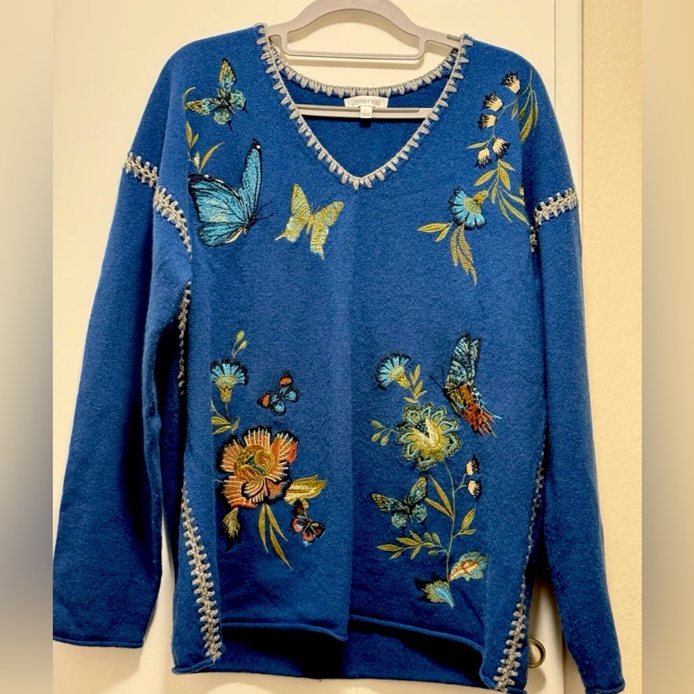 Johnny Was  Whipstitch embroidered cashmere sweater pullover Large